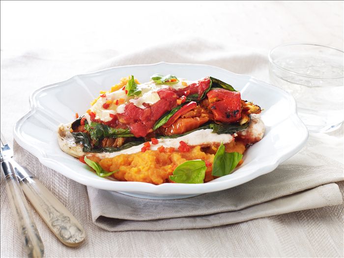 healthy healthy baked chicken parma with sweet potato mash recipe recipe Baked Chicken Parma with Sweet Potato Mash